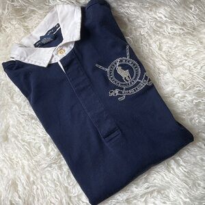 Ralph Lauren Long Sleeve Navy Blue Golf Polo with White Collar and beaded logo